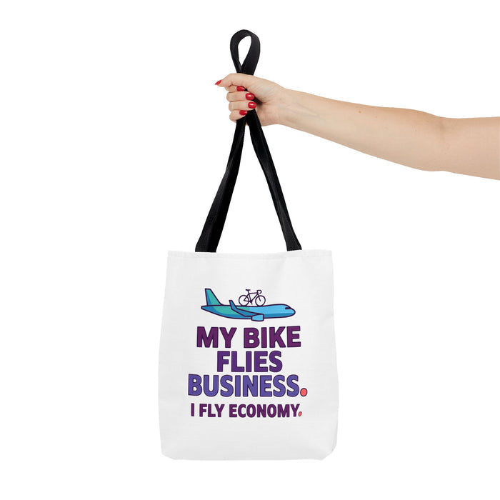 Tote Bag — 'My Bike Flies Business. I Fly Economy.' Triathlon Travel Tote