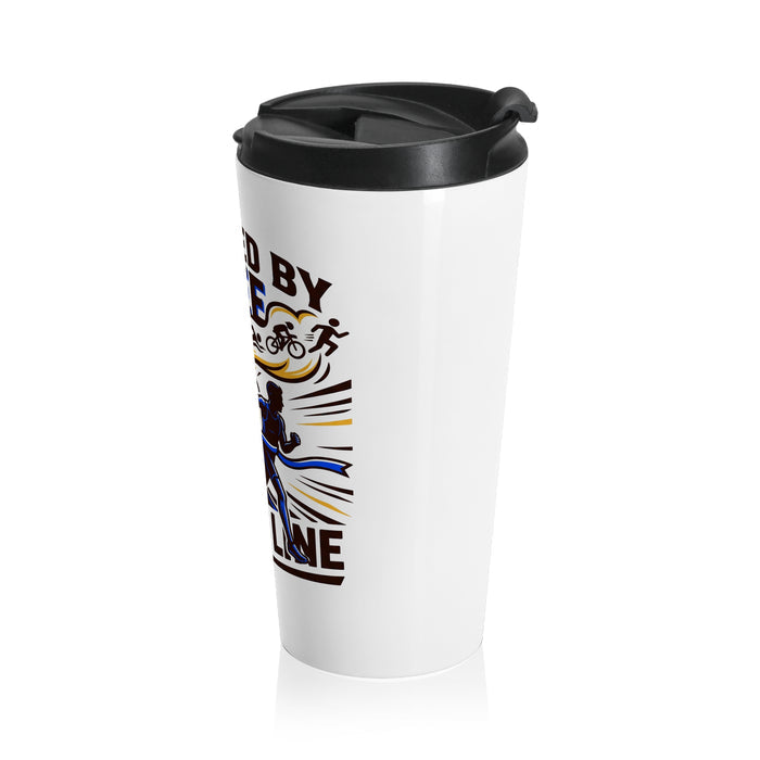 Travel Mug — "Powered by Coffee and Finish Lines" Runner Stainless Steel Tumbler