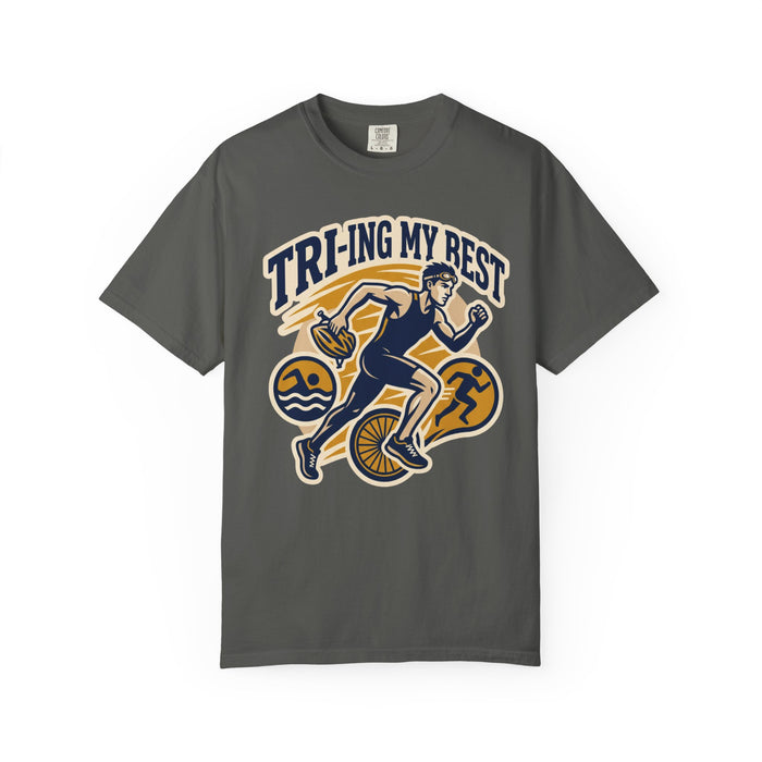 Tri-ing My Best Triathlon T-Shirt — Funny Triathlete Running, Cycling & Swimming Tee