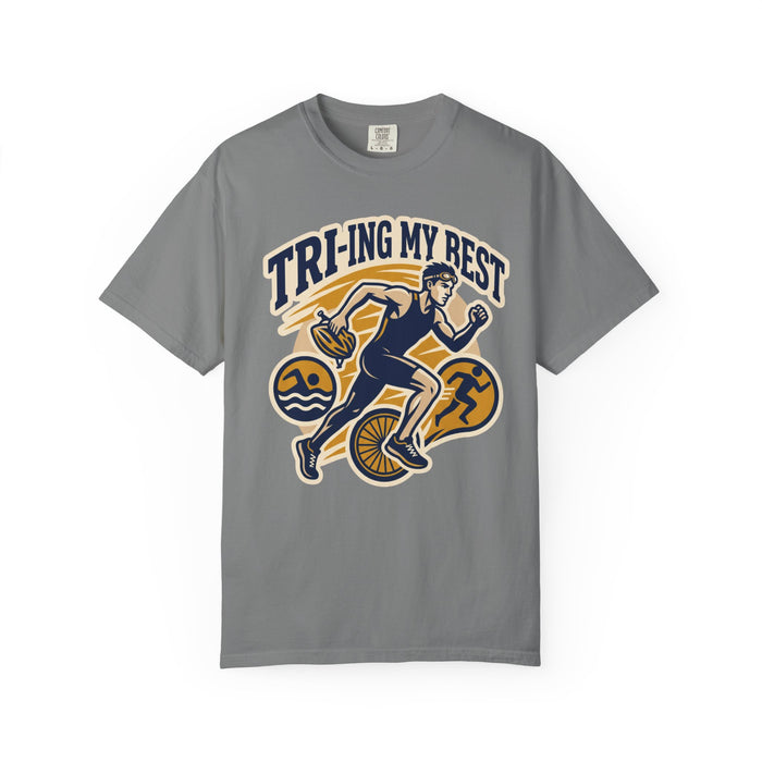 Tri-ing My Best Triathlon T-Shirt — Funny Triathlete Running, Cycling & Swimming Tee