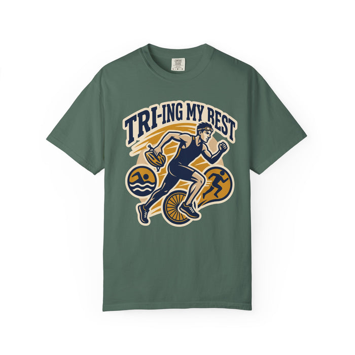 Tri-ing My Best Triathlon T-Shirt — Funny Triathlete Running, Cycling & Swimming Tee
