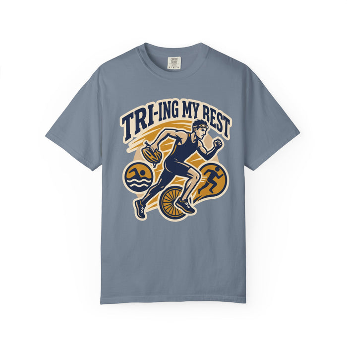 Tri-ing My Best Triathlon T-Shirt — Funny Triathlete Running, Cycling & Swimming Tee