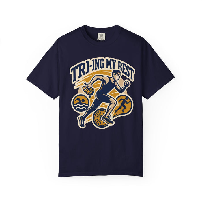 Tri-ing My Best Triathlon T-Shirt — Funny Triathlete Running, Cycling & Swimming Tee