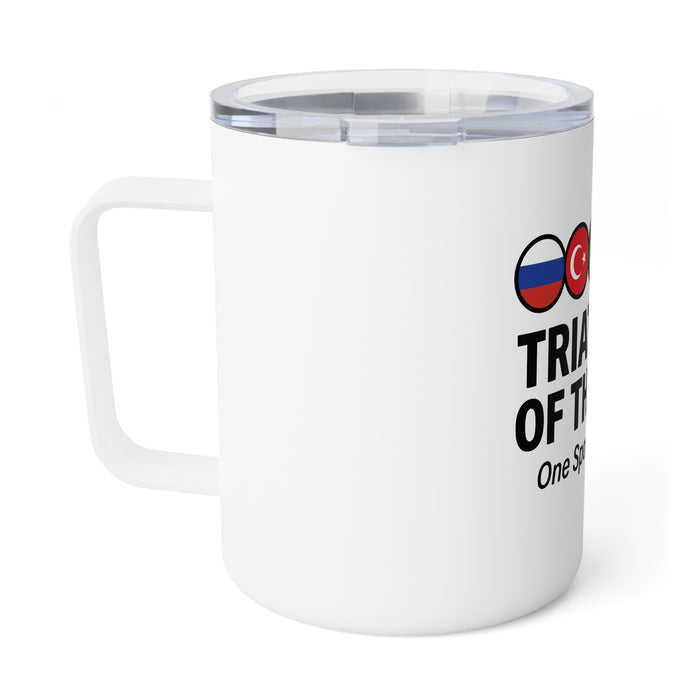 Triathletes of the World Insulated Coffee Mug — 10oz Travel Tumbler with International Flags, 'One Sport. Every Border.'