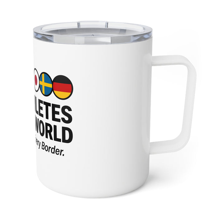 Triathletes of the World Insulated Coffee Mug — 10oz Travel Tumbler with International Flags, 'One Sport. Every Border.'