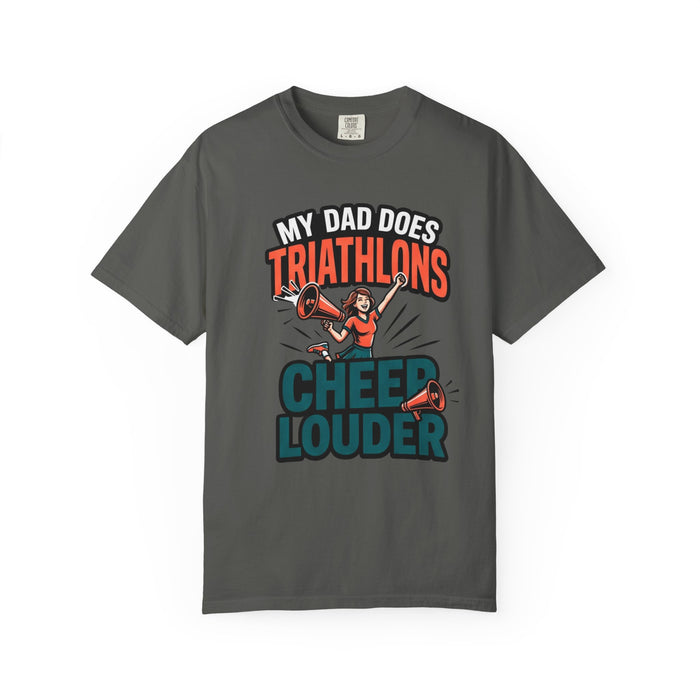 Triathlon Cheer T-Shirt — "My Dad Does Triathlons, I Cheer Louder" Fan Tee