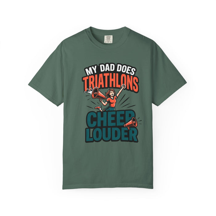 Triathlon Cheer T-Shirt — "My Dad Does Triathlons, I Cheer Louder" Fan Tee