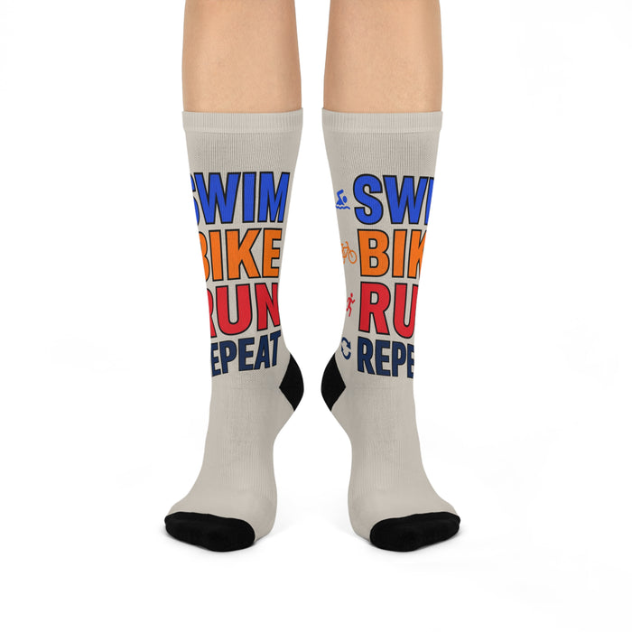 Triathlon Crew Socks - "Swim Bike Run Repeat" Cushioned Athletic Socks