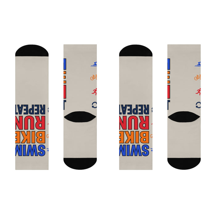 Triathlon Crew Socks - "Swim Bike Run Repeat" Cushioned Athletic Socks