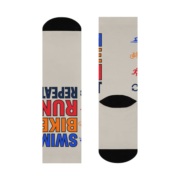 Triathlon Crew Socks - "Swim Bike Run Repeat" Cushioned Athletic Socks