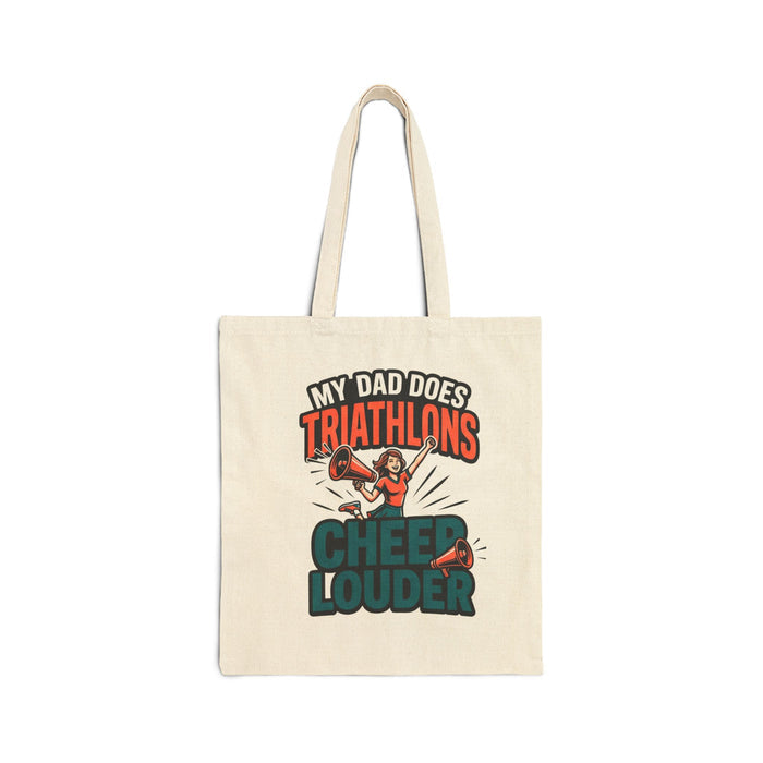 Triathlon Dad Tote Bag – "My Dad Does Triathlons, Cheer Louder" Canvas Tote