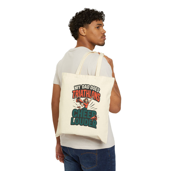 Triathlon Dad Tote Bag – "My Dad Does Triathlons, Cheer Louder" Canvas Tote