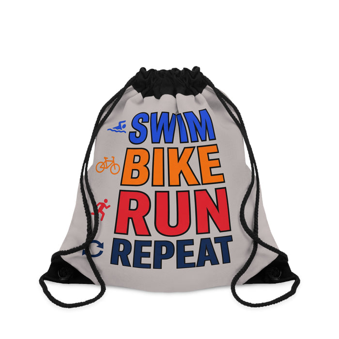 Triathlon Drawstring Bag - "Swim Bike Run Repeat" Gym Sack for Athle