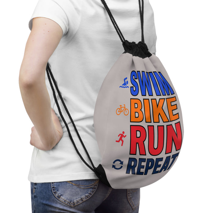 Triathlon Drawstring Bag - "Swim Bike Run Repeat" Gym Sack for Athle