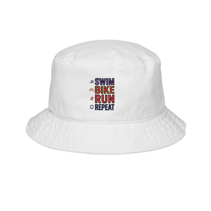 Triathlon Embroidered Bucket Hat — "Swim Bike Run Repeat"