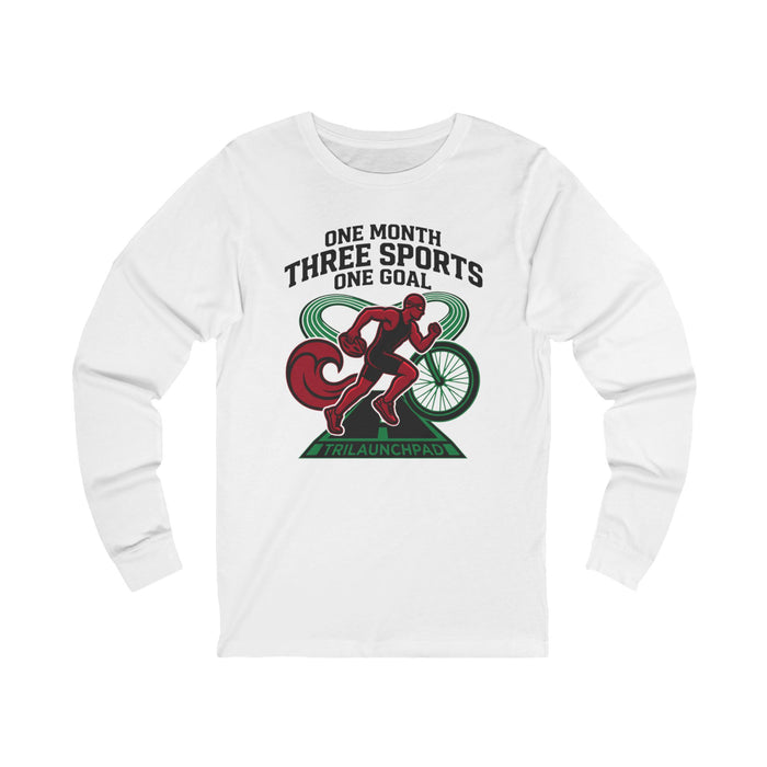 Triathlon Long Sleeve Tee — “One Month, Three Sports, One Goal” Athletic Shirt