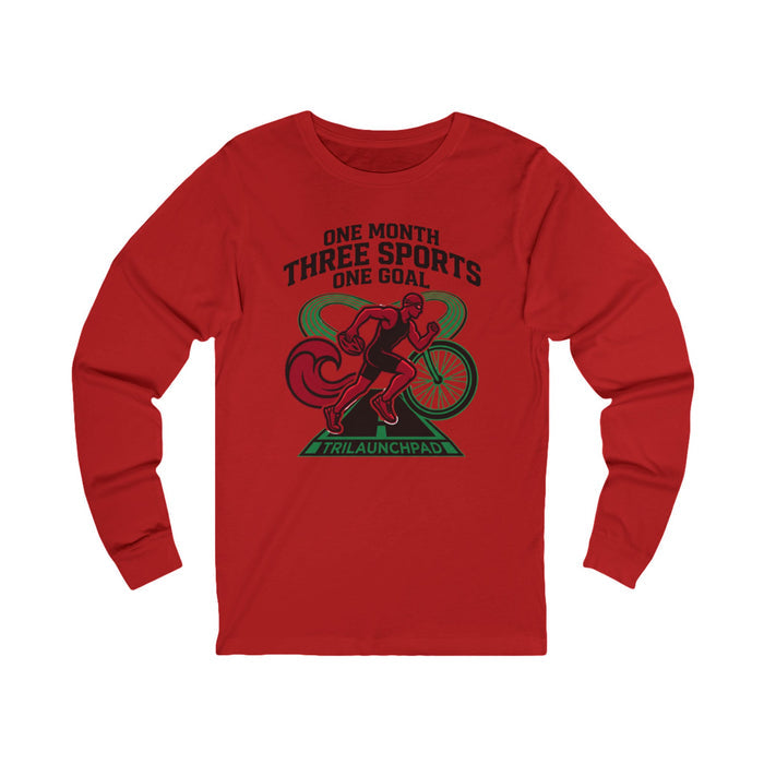 Triathlon Long Sleeve Tee — “One Month, Three Sports, One Goal” Athletic Shirt