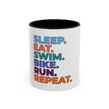 Triathlon Motivational Coffee Mug — "Sleep. Eat. Swim. Bike. Run. Repeat." Accent Mug
