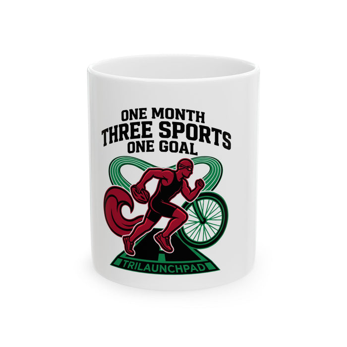 Triathlon Mug - "One Month Three Sports One Goal" Ceramic Coffee Cup (11oz/15oz)