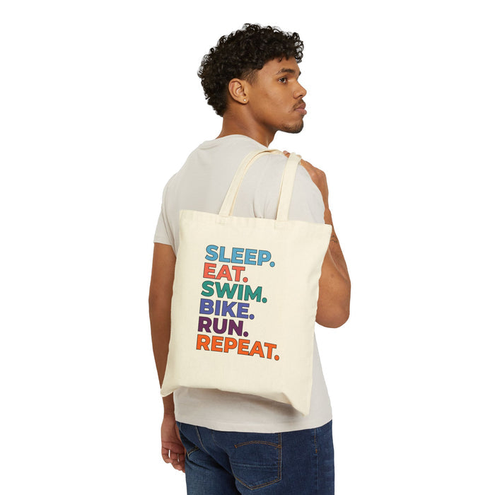 Triathlon Routine Canvas Tote — "Sleep. Eat. Swim. Bike. Run. Repeat."