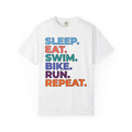 Triathlon Routine T-Shirt — "Sleep. Eat. Swim. Bike. Run. Repeat." Motivational Athletic Tee