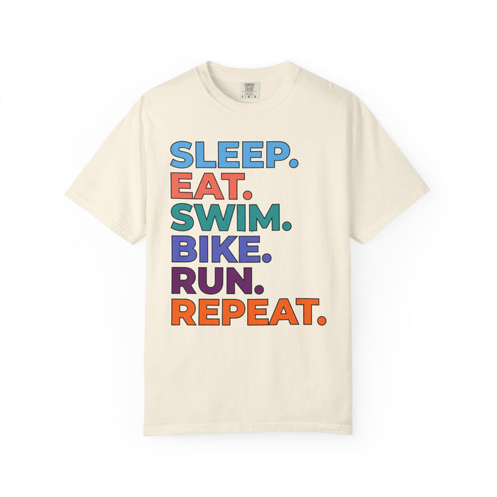 Triathlon Routine T-Shirt — "Sleep. Eat. Swim. Bike. Run. Repeat." Motivational Athletic Tee