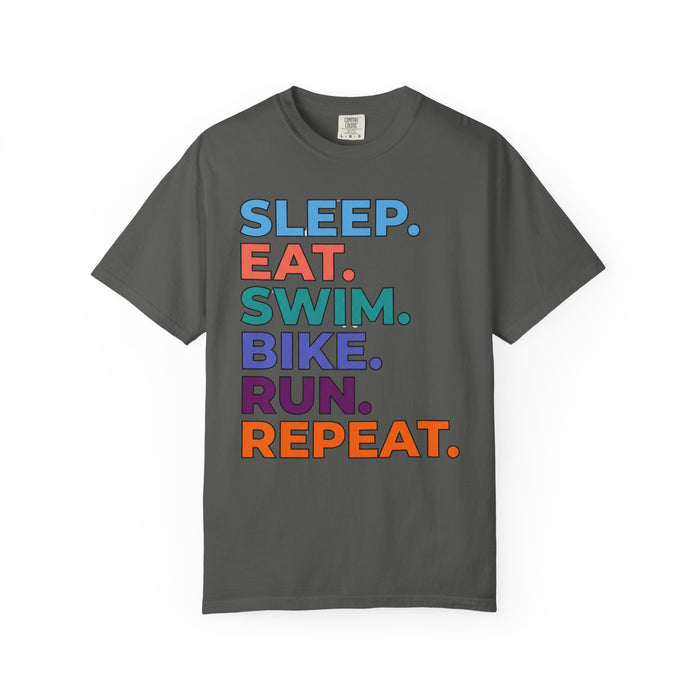 Triathlon Routine T-Shirt — "Sleep. Eat. Swim. Bike. Run. Repeat." Motivational Athletic Tee