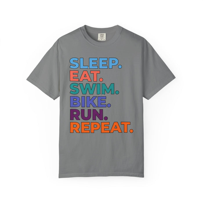 Triathlon Routine T-Shirt — "Sleep. Eat. Swim. Bike. Run. Repeat." Motivational Athletic Tee