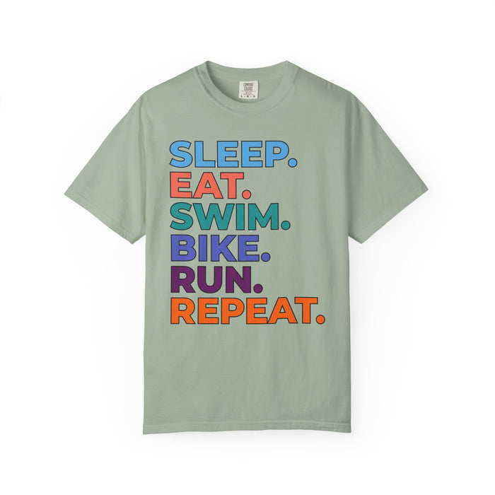 Triathlon Routine T-Shirt — "Sleep. Eat. Swim. Bike. Run. Repeat." Motivational Athletic Tee