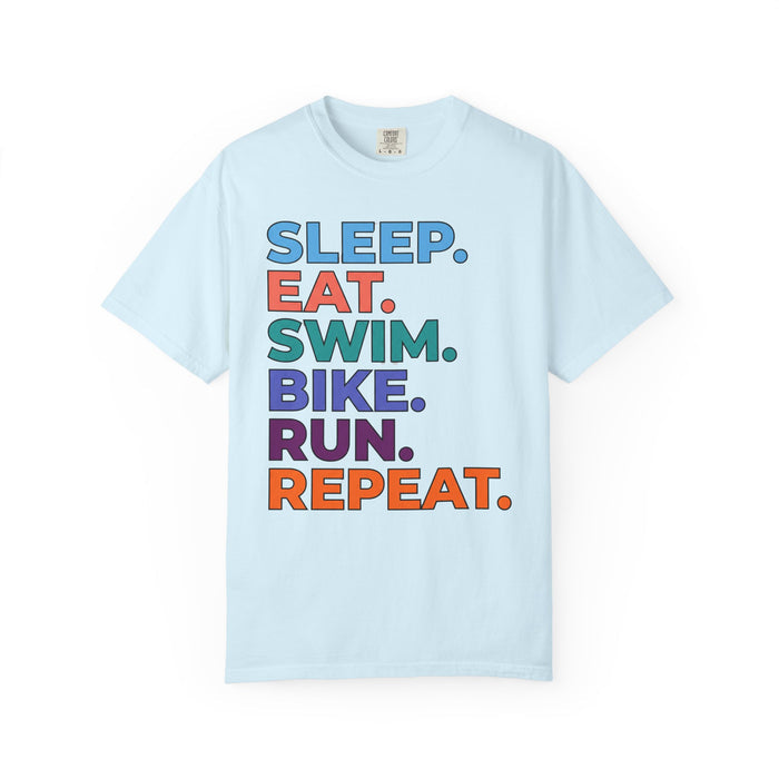 Triathlon Routine T-Shirt — "Sleep. Eat. Swim. Bike. Run. Repeat." Motivational Athletic Tee