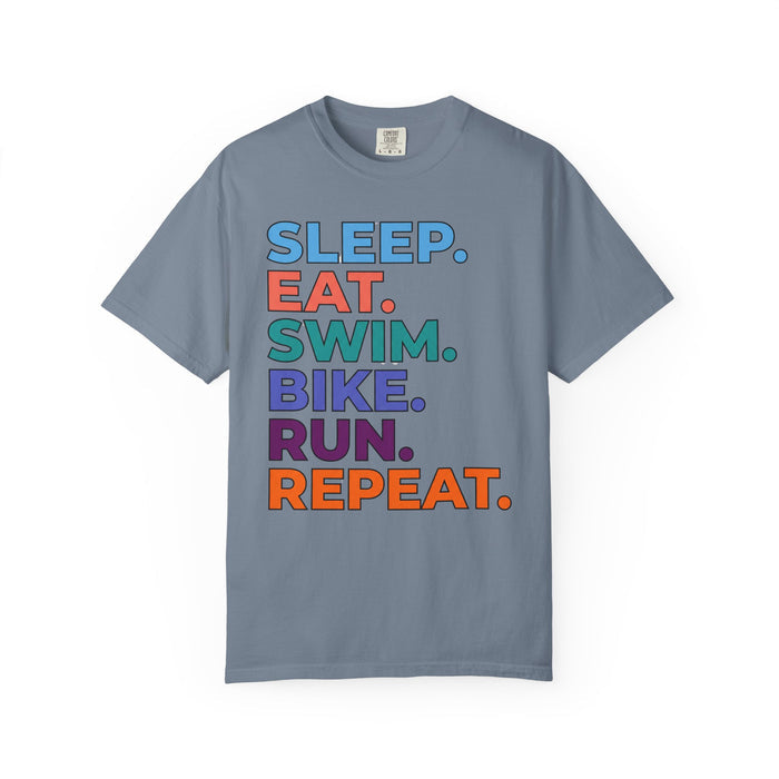Triathlon Routine T-Shirt — "Sleep. Eat. Swim. Bike. Run. Repeat." Motivational Athletic Tee