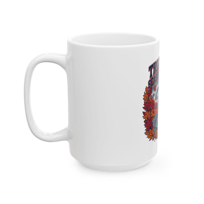 Triathlon Season Is Calling Ceramic Mug — Triathlete Bike & Run Autumn Coffee Cup (11oz/15oz)