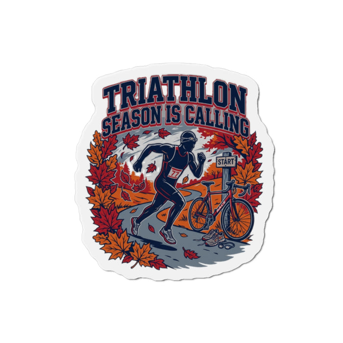 Triathlon Season Is Calling Die-Cut Magnet — Autumn Running & Cycling Design