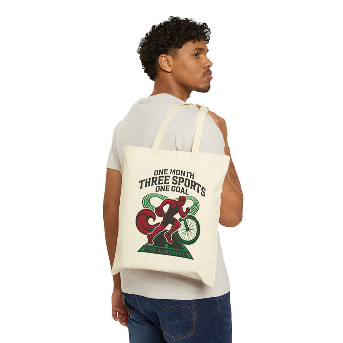 Triathlon Tote Bag — "One Month, Three Sports, One Goal" Canvas Grocery & Gym Tote