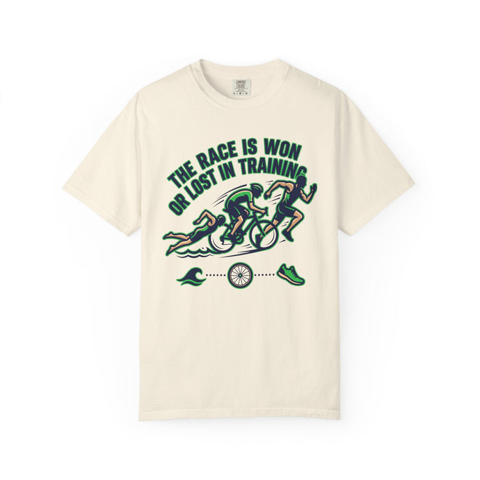 Triathlon Training T-Shirt — "The Race Is Won Or Lost In Training"