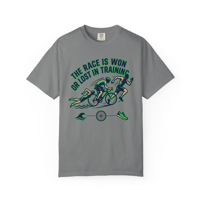 Triathlon Training T-Shirt — "The Race Is Won Or Lost In Training"