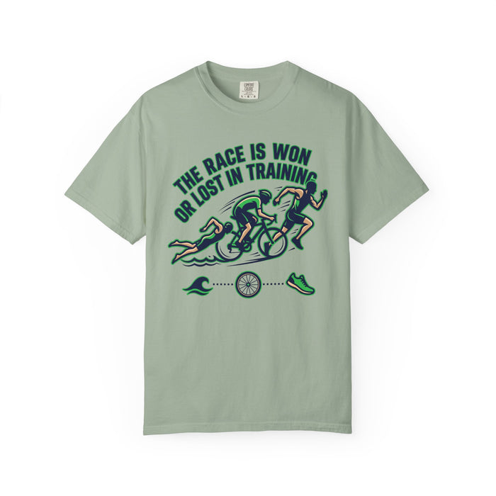 Triathlon Training T-Shirt — "The Race Is Won Or Lost In Training"