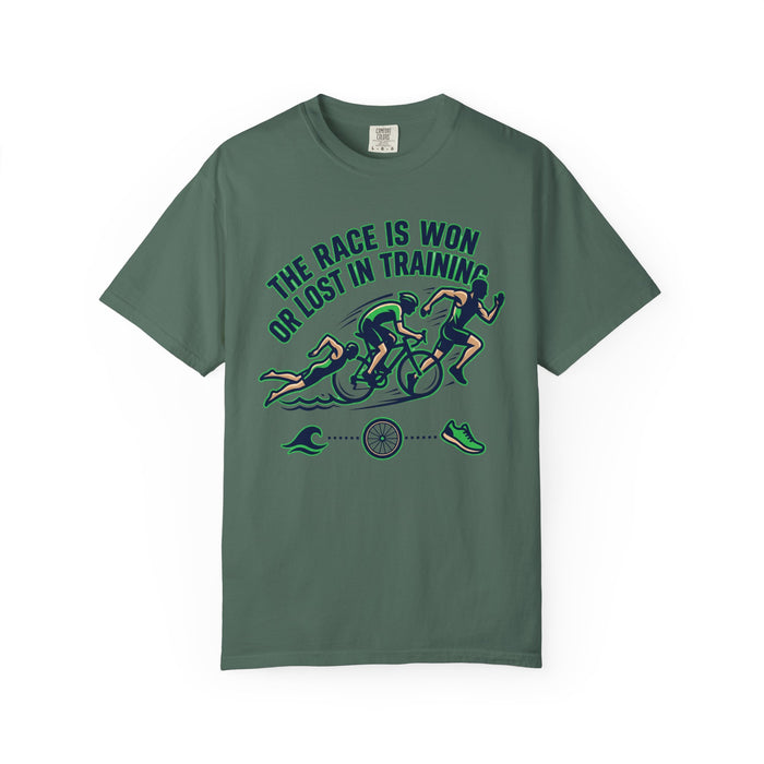 Triathlon Training T-Shirt — "The Race Is Won Or Lost In Training"