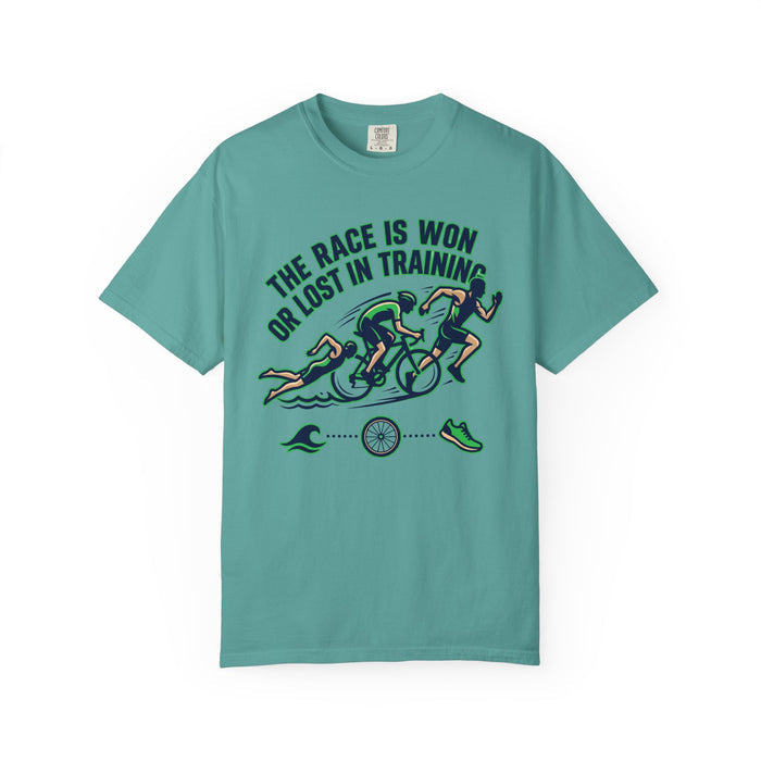 Triathlon Training T-Shirt — "The Race Is Won Or Lost In Training"