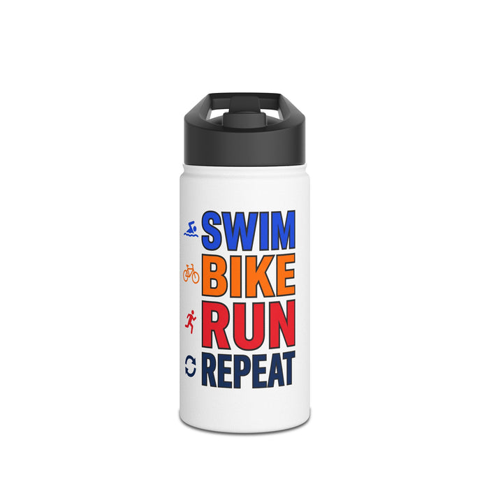 Triathlon Water Bottle — "Swim Bike Run Repeat" Stainless Steel Spor