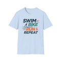 Unisex Triathlon T-Shirt "Swim Bike Run Repeat" - size chart