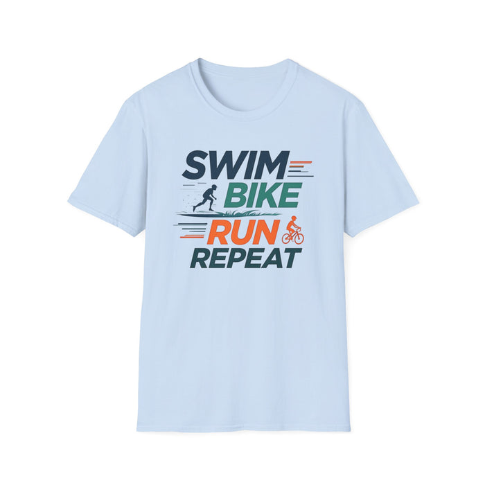 Unisex Triathlon T-Shirt "Swim Bike Run Repeat" - size chart