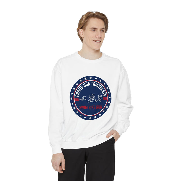 USA Triathlete Crewneck Sweatshirt - Proud Swim-Bike-Run Design for Triathlon Training