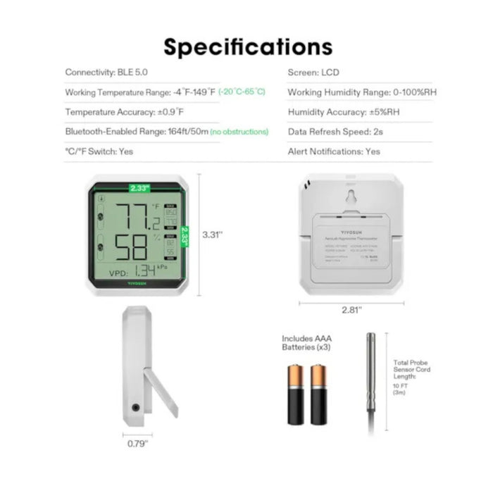 Vivosun Aerolab Bluetooth Hygrometer Thermometer & External Sensor