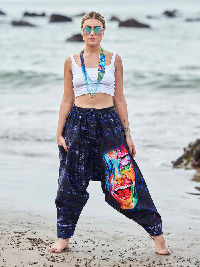 Women's Artistic Paint Print Bohemian Hippy Harem Hammer Pants image 2