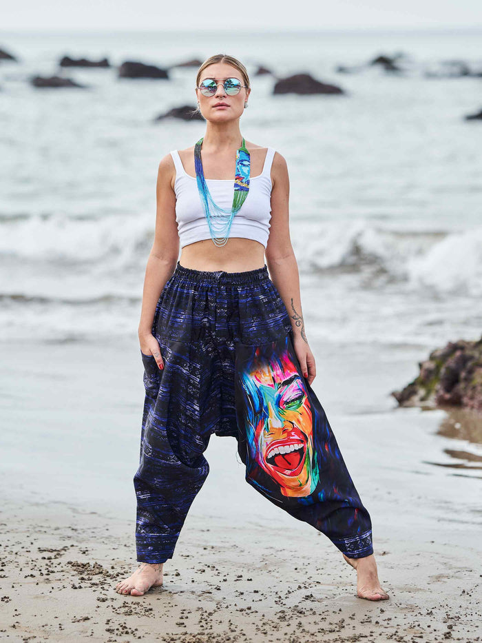 Women's Artistic Paint Print Bohemian Hippy Harem Hammer Pants image 3