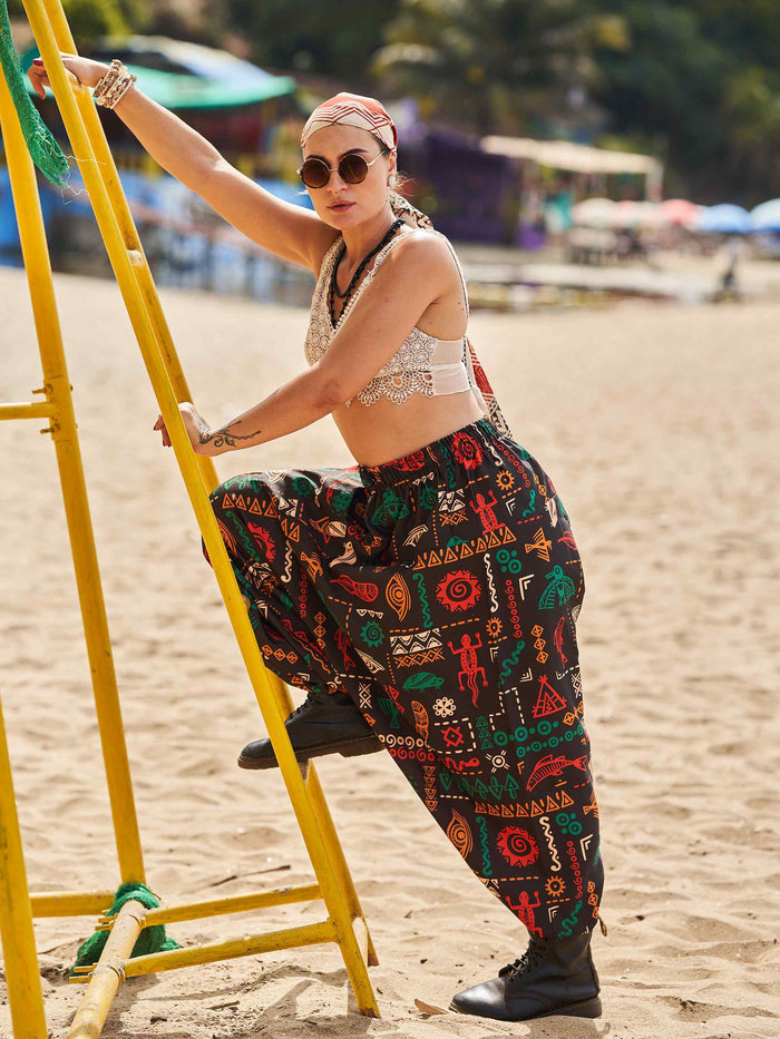 Buy Women's Boho Abstract Print Genie Aladdin Balloon Harem Pants For Yoga