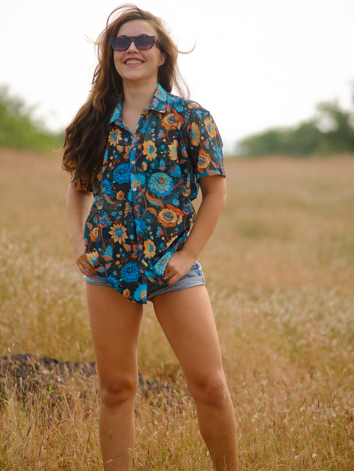 Women's Floral Oversized Net Azure Stylish Shirt For Travel