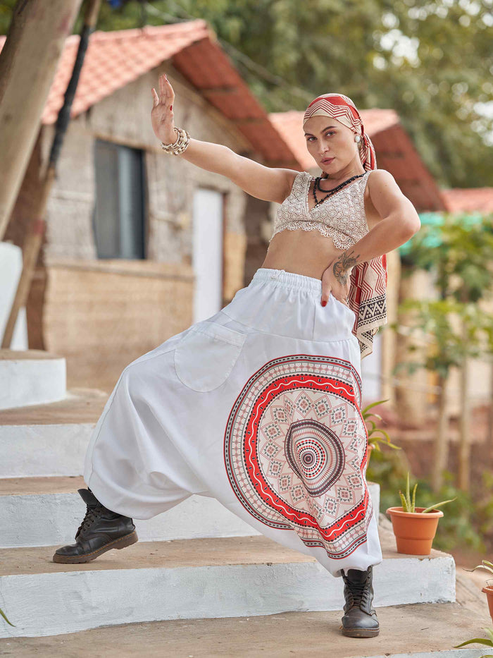 Women's White Mandala Dhoti Baggy Harem For Dance Yoga Travel image 1