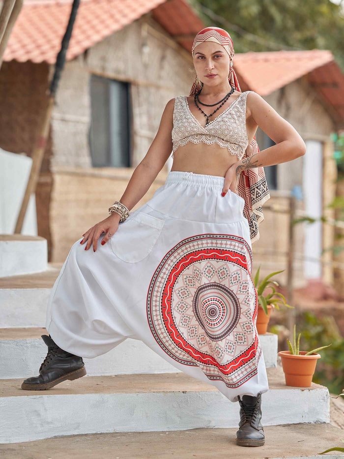 Women's White Mandala Dhoti Baggy Harem For Dance Yoga Travel image 2